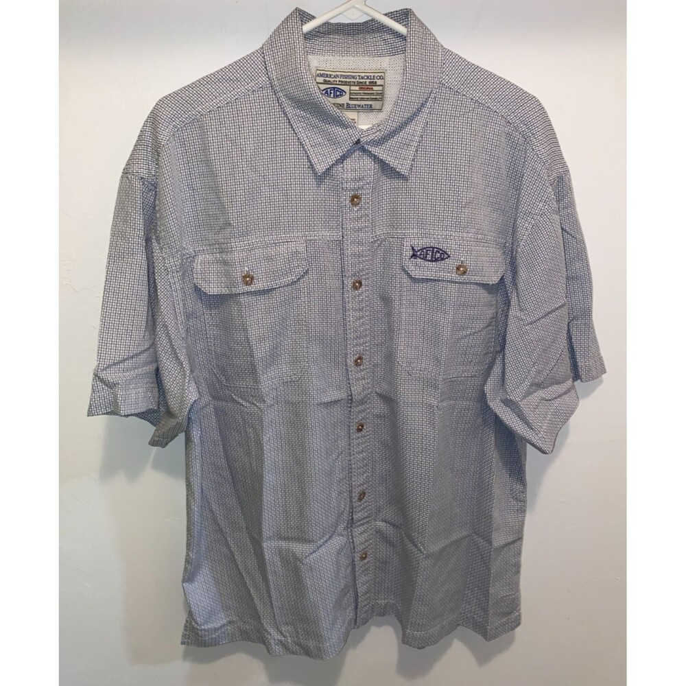 Aftco Shirt Mens XL Plaid Performance Fishing TECH Pocket Mesh Blue Short Sleeve